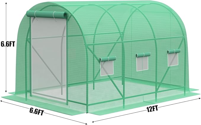 Greenhouse with Watering System, Outdoor Greenhouse with 6 Mesh Windows and 1 Door, Greenhouses with Drip Irrigation System for Plants, Seedlings, Flowers and Garden Raised Beds (12x7x7 FT)