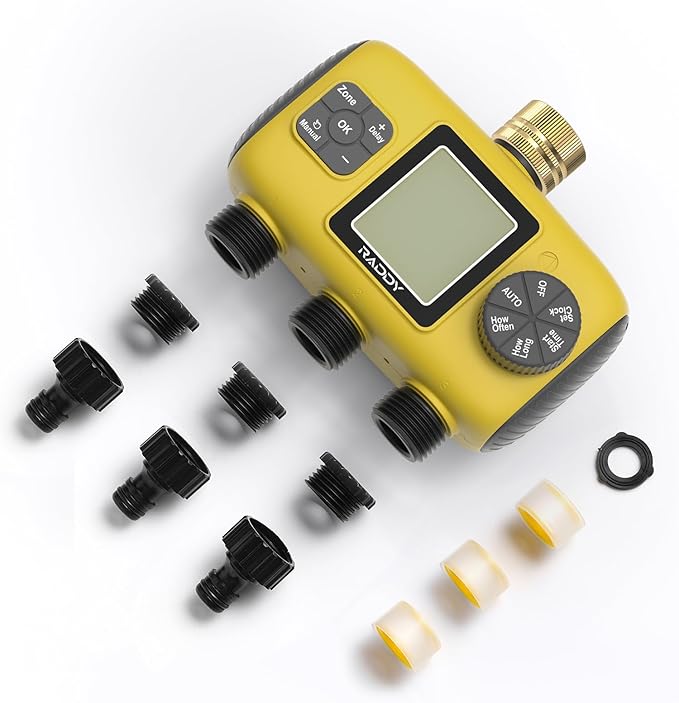 Raddy WS-8 Sprinkler Timer 3 Zone, Heavy-Duty Outdoor Irrigation Controller with Manual Watering, Rain Delay, High-Pressure 6V Valve, Fully Waterproof for Garden Yard, Yellow