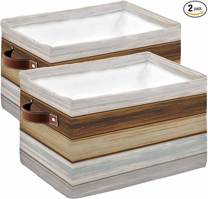 Vintage Brown Wood Storage Bins Cubes Waterproof Cloth Storage Basket, Farmhouse Wooden Plank Rustic Foldable Storage Bags for Shelf Closet Clothes Storage Organizers with Handles 15x11x9.5 in 2PCS