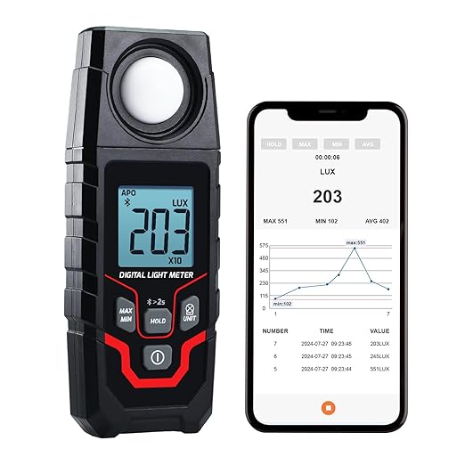 Light Meter Wireless Lux Meter, 0.1~200,000 Lux Range Light Meter for Plants, Bluetooth Lux Meter Light Meter App Connection, Data Logging and Export, Backlight LCD Display for Plants, Photography