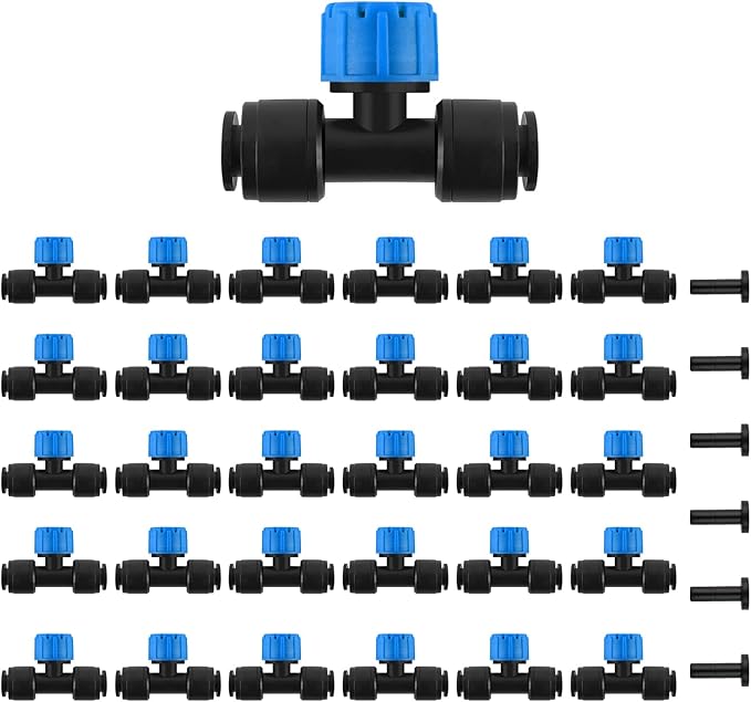 Kalolary 30Pcs Push-to-Fit Drip Irrigation Emitters for 1/4 inch Tubing, Adjustable Drip Emitter Sprayer with 8 Holes Irrigation Dripper Sprinklers with 6PCS End Plugs for Irrigation System(Blue)