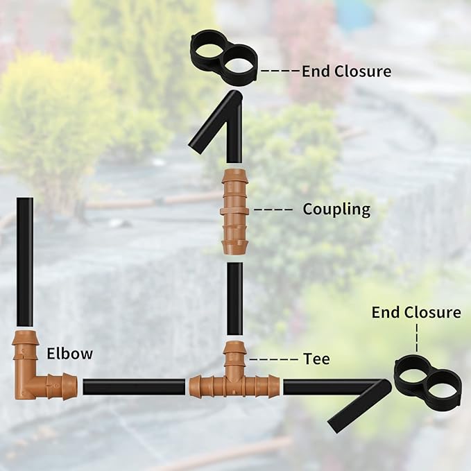 JAYEE 24P Drip Irrigation Fittings Kit for 1/2" Tubing (.600 ID), 17mm Parts- 6 Tees, 6 Couplings, 6 Elbows,6 End Cap Plugs- Barded Connectors for Rain Bird Pipe and Sprinkler Systems (24 Pieces Set)