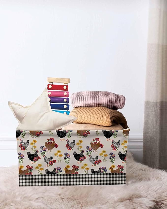 Farmhouse Rooster Storage Bins Cubes Waterproof Cloth Storage Basket,Vintage Watercolor Flowers Black Plaid Foldable Storage Bags for Shelf Clothes Storages Organizers with Handles 15x11x9.5 in 2PCS