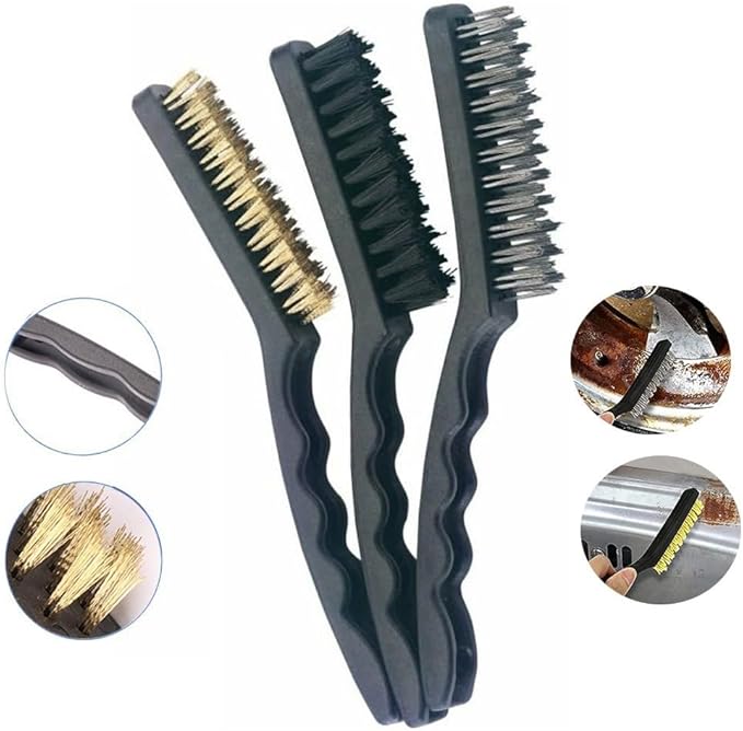 Heavy Duty Mini Wire Brush Set for Rust Removal Engine Cleaning Upholstery and Plastic Surfaces – Steel Brass Nylon Brushes with 9 Inch Handle(Steel)
