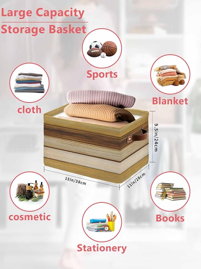 Vintage Yellow Wood Storage Bins Cubes Waterproof Cloth Storage Basket, Farmhouse Retro Wooden Plank Foldable Storage Bags for Shelf Closet Clothes Storage Organizers with Handles 15x11x9.5 in 1PCS