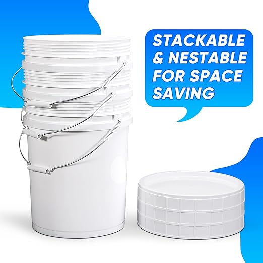 DEMORA 5 Gallon Bucket with Screw Lid, Heavy Duty Plastic Buckets Containers for Food Storage, Plastic Pail with Metal Handle for Water, Cleaning, Car Wash, Paint, Gardening, BPA Free (White, 3 Pack)