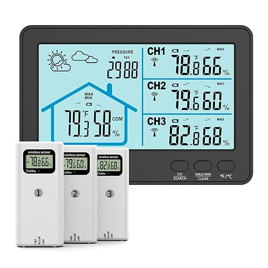 Home Weather Station Wireless Indoor Outdoor Thermometer with 3 Sensors,IPX4, 500ft Range Digital Thermometer Humidity Monitor with Weather Forecast for Home, RV, Garden | Black