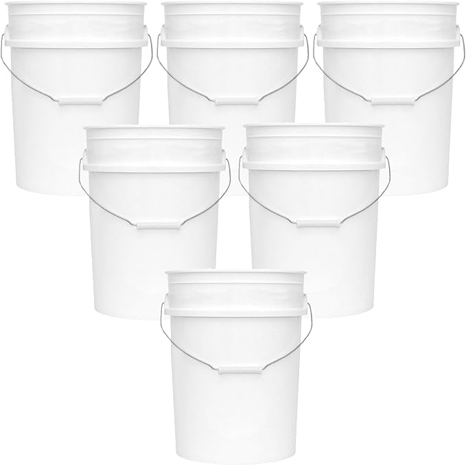 MKS Plastics 5-Gallon Bucket Only – No Lid Included, Made in USA, Food Grade BPA Free Plastic, Heavy Duty Multi-Use, Metal Handle with Grip, Stackable Storage – White, 6 Pack