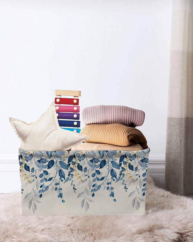 Blue Eucalyptus Storage Bins Cubes Waterproof Cloth Storage Basket, Farmhouse Weeping Leaves Linen Foldable Storage Bags for Shelf Closet Clothes Storages Organizers with Handles 15x11x9.5 in 1PCS