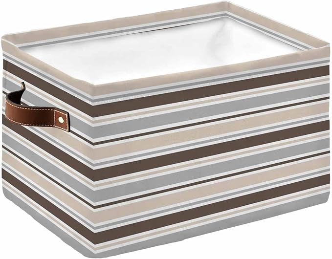 Khaki Grey Striped Storage Bins Cubes Waterproof Cloth Storage Basket,Farmhouse Stripes Modern Abstract Art Foldable Storage Bags for Shelf Clothes Storages Organizers with Handles 15x11x9.5 in 1PCS