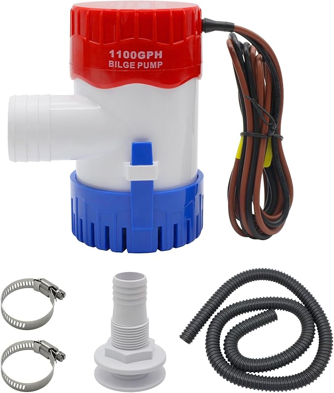 HXH 12V 1100GPH Bilge Pump with Hose Kit for Boats, Includes Thru-Hull Fitting, 2 PCS Stainless Steel Hose Clamps,1-1/8 Inch Flexible PVC Hose