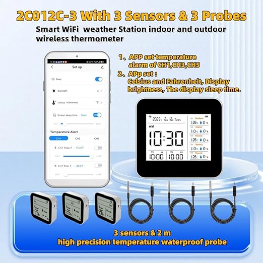 2CO12C-3, Smart WiFi APP Weather Station & 3 Probes 3 Sensors Indoor & Outdoor Wireless Thermometer,for Cold Storage, Cold Cabinet, Refrigerator, Fish Tank, Wine Cellar, breeding Farm, Greenhouse
