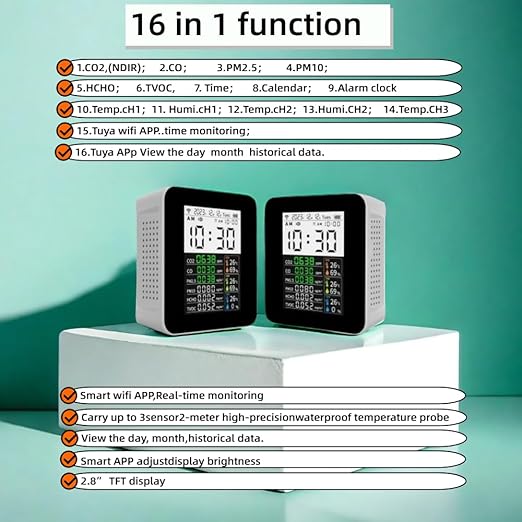 16-in-1 Smart WiFi Air Quality Monitor CO2 CO TVOC HCHO PM2.5 PM10 & Weather Stations Wireless Indoor Outdoor Thermometer with Multiple sensors,Air Quality Tester for Bedroom, Smart Home 2CO15-3
