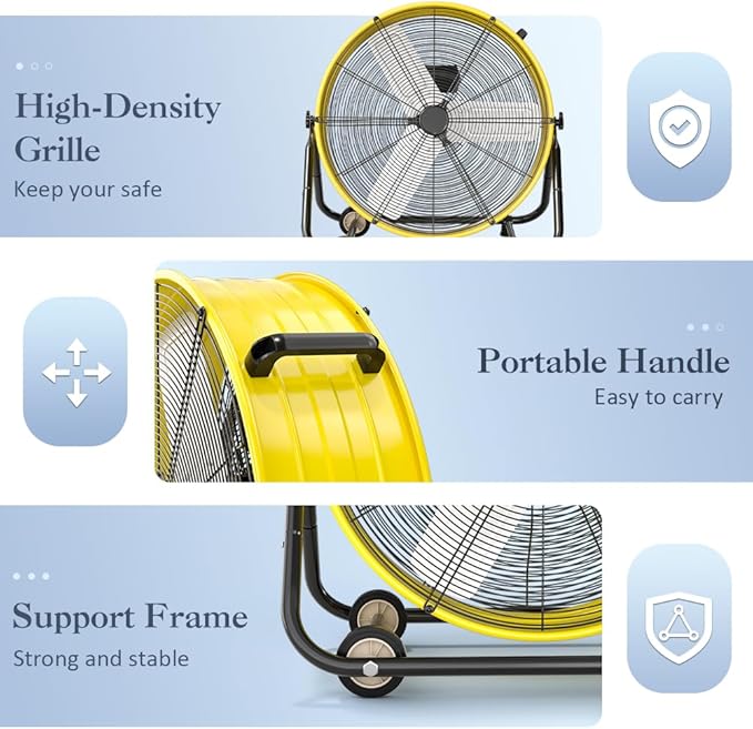 LifePlus 30" Industrial Drum Fan, 14000 CFM High Velocity 3-Speed Heavy Duty Metal Air Circulator with 360° Tilt, Casters Handle for Warehouse Factory workshops Patios Garage, Yellow
