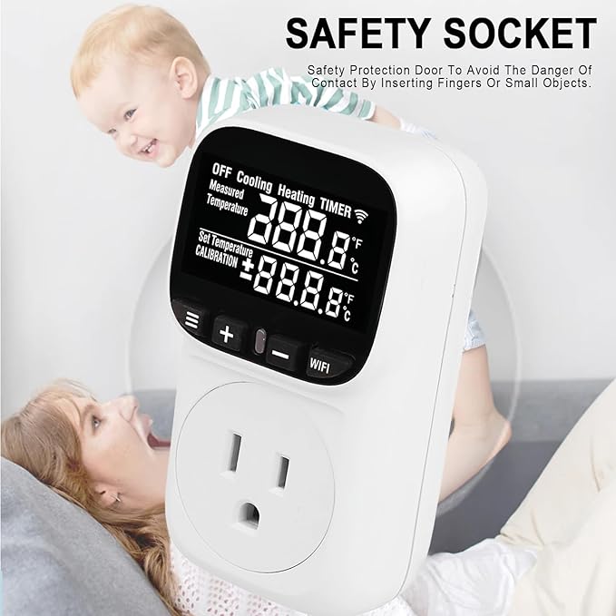 WiFi Digital Temperature Controller, Plug in Thermostat Outlet with Duration Timer & Smart Memory, -40℉~212℉, 16A/1800W, IP67 Waterproof Probe for Incubator, Homebrew, Reptile.