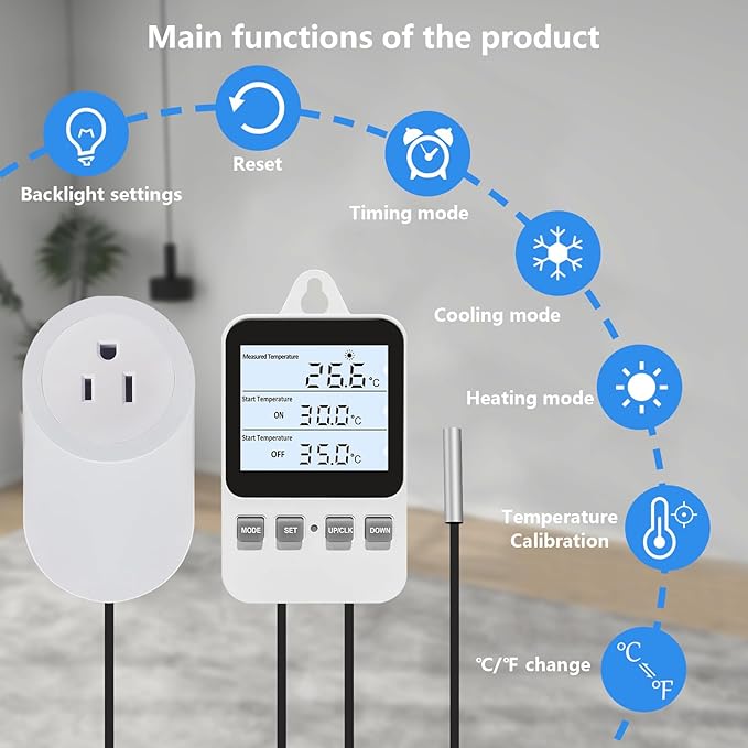 Temperature Controller Heating Cooling Mode Digital Thermostat 120V 15A Plug in Thermostat Controlled Outlet for Reptile Greenhouses Seedling Mat Incubation Terrarium