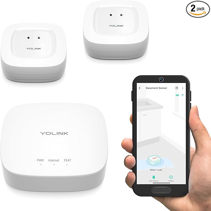 YoLink Smart Home Starter Kit: Hub & 2-Pack Water Leak Sensor 1, LoRa Up to 1/4 Mile Open-Air Range, SMS/Text, Email & Push Notifications, w/Alexa, IFTTT, Home Assistant