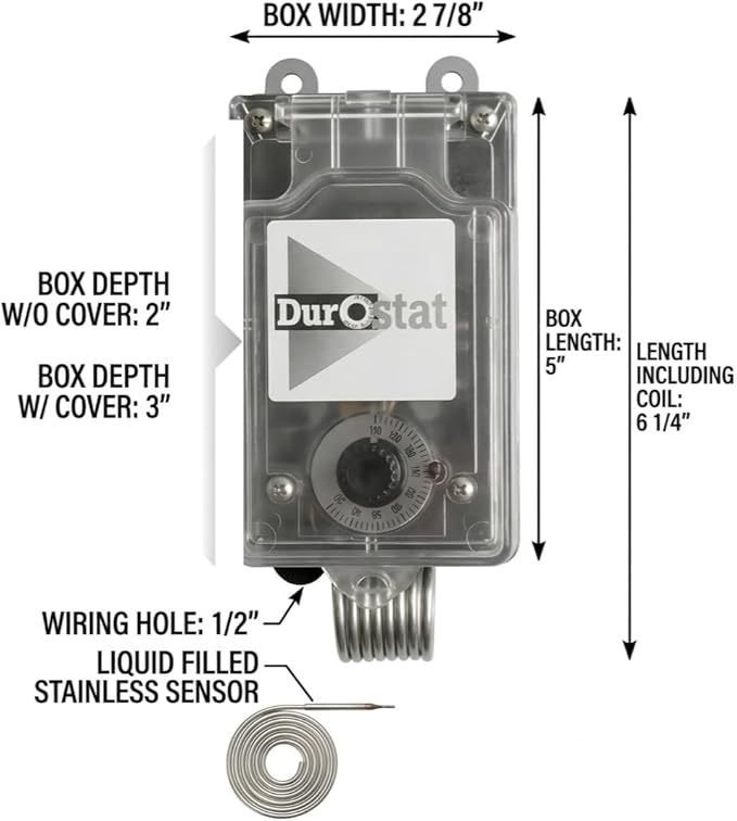 DuroStat NEMA 4 Waterproof Mechanical Thermostat - 30°F to 110°F - Range Heavy Duty Heating & Cooling Controller for Greenhouses, Barns and Garages