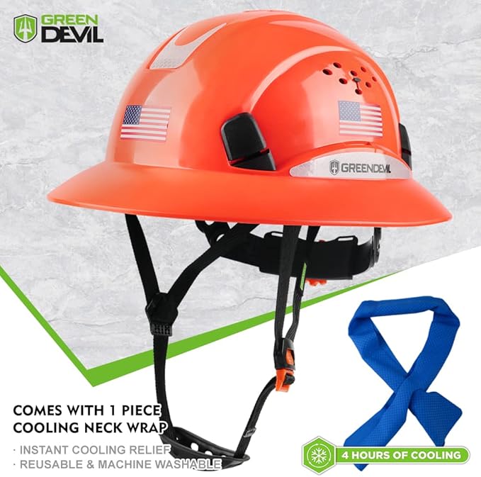 Full Brim Hard Hat Vented Construction Safety Helmet OSHA Approved Cascos De Construccion Work Hardhats with Cooling Towel for Men&Women 6 Point Adjustable Ratchet Suspension