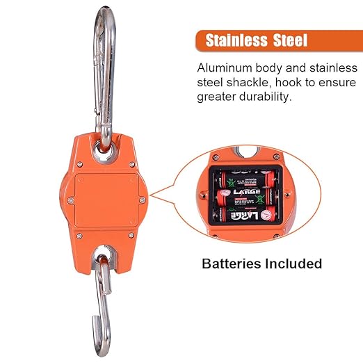 Fuzion Heavy Duty Crane Scale - 660LB, Aluminum Body, Stainless Steel Hook, Large Digital Display, Hanging Scales for Farms, Hunting and Fishing