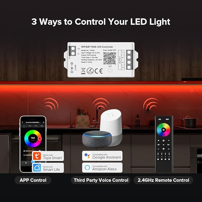BTF-LIGHTING C03W RGB PWM SMD FCOB (+ R G B) 4PIN LED Strip 2.4GHz Tuya WiFi Group Controller Alexa Google Home Smartphone APP Control Compatible with WR01RF RC03RFB RC04RFB RC05RFB Remote