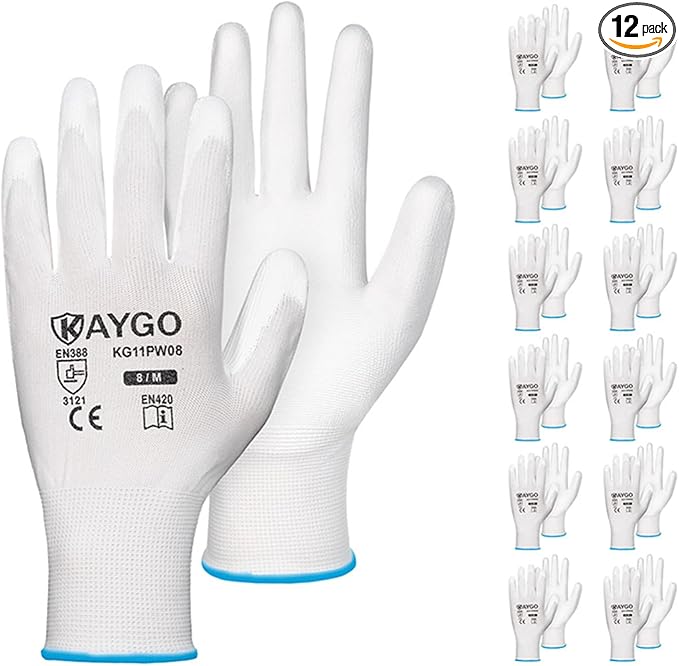 KAYGO Work Gloves for Men and Women, 12 Pairs Seamless Knit PU Coated Safety Gloves, with Smooth Grip on Palm and Fingers, Ideal for Light Warehouse, Manufacturing, Gardening, KG11P (M, White)