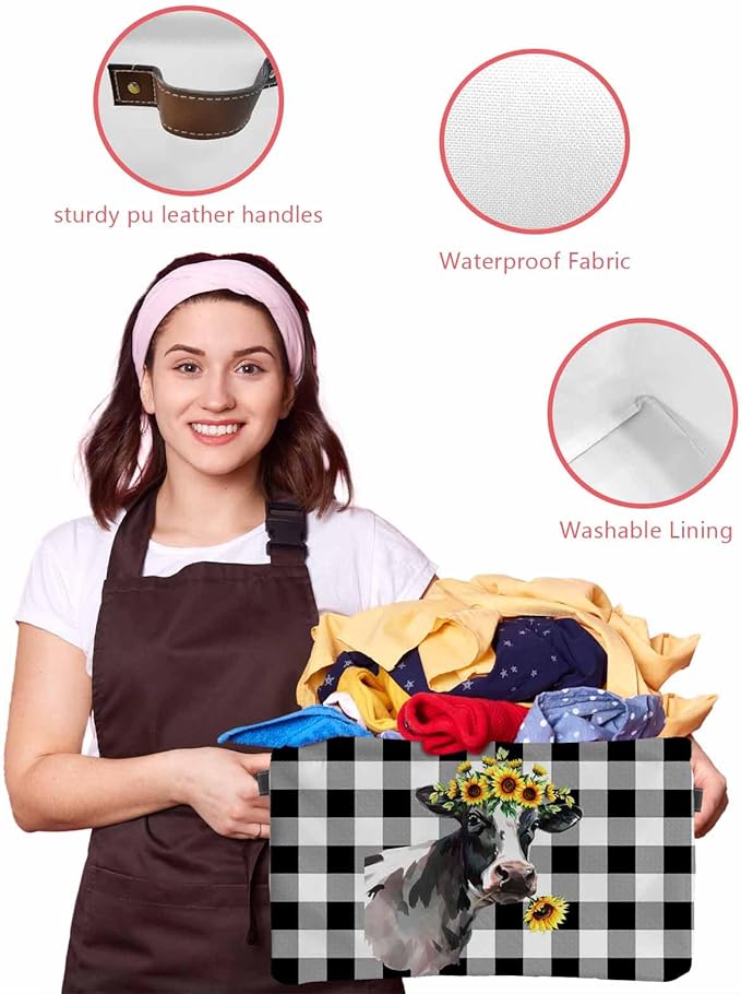 Sunflowers Cow Storage Bins Cubes Waterproof Cloth Storage Basket, Farm Animal Black Buffalo Plaid Foldable Storage Bags for Shelf Closet Clothes Storages Organizers with Handles 15x11x9.5 in 1PCS