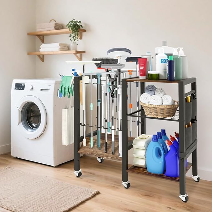 Garden Tool Organizer with Lockable Wheels, Heavy Duty Yard Tool Storage Rack for Shovels and Rakes, 3 Tier Lawn Care Utility Holder with hooks for Garage, Shed, Yard and Laundry Room