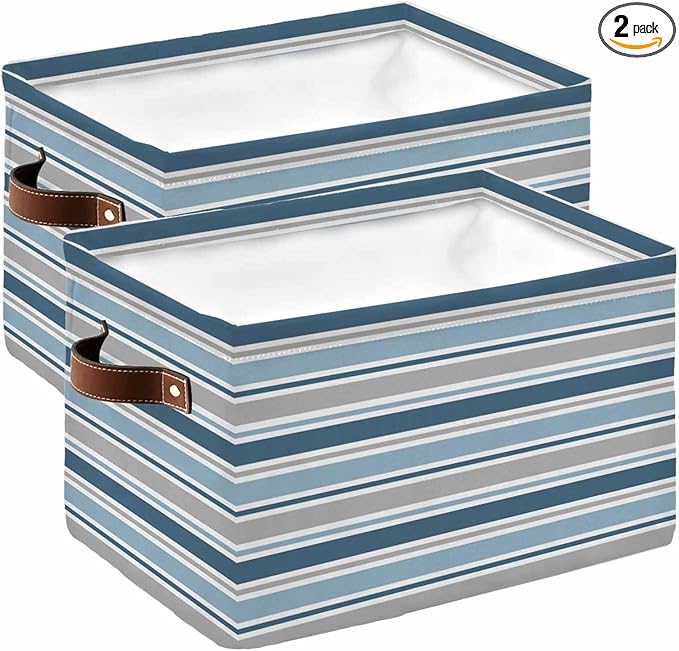 Blue Grey Striped Storage Bins Cubes Waterproof Cloth Storage Basket,Farmhouse Stripes Modern Abstract Art Foldable Storage Bags for Shelf Clothes Storages Organizers with Handles 15x11x9.5 in 2PCS
