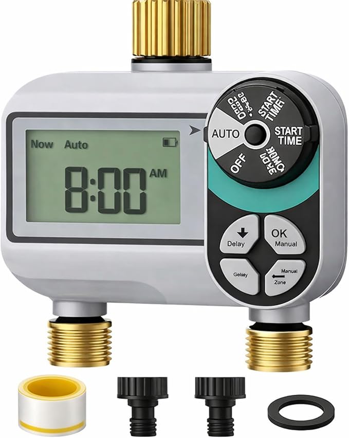 Kingdder Sprinkler Timer for Yard with Brass Inlet and Outlet Watering Timer for Garden Hose Timers Automatic Irrigation System with Rain Delay/Manual/ IP54 Waterproof(2 Outlet)