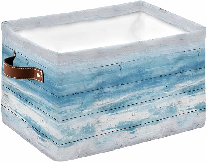 Summer Blue Ocean Storage Bins Cubes Waterproof Cloth Storage Basket, Farmhouse Wooden Grain Modern Art Foldable Storage Bags for Shelf Closet Clothes Organizers with Handles 15x11x9.5 in 1PCS