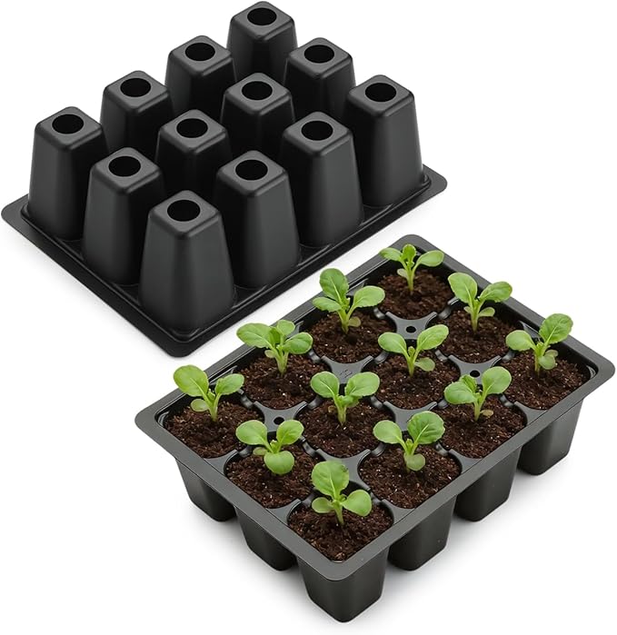 RooTrimmer 40 Pack Reusable 12-Cell Seed Starter Tray, Plant Starter Trays with Large Drainage Holes for Seed Germination, Easy to Repotted, Fits Standard 1020 Flats and TD377 Trays, Black