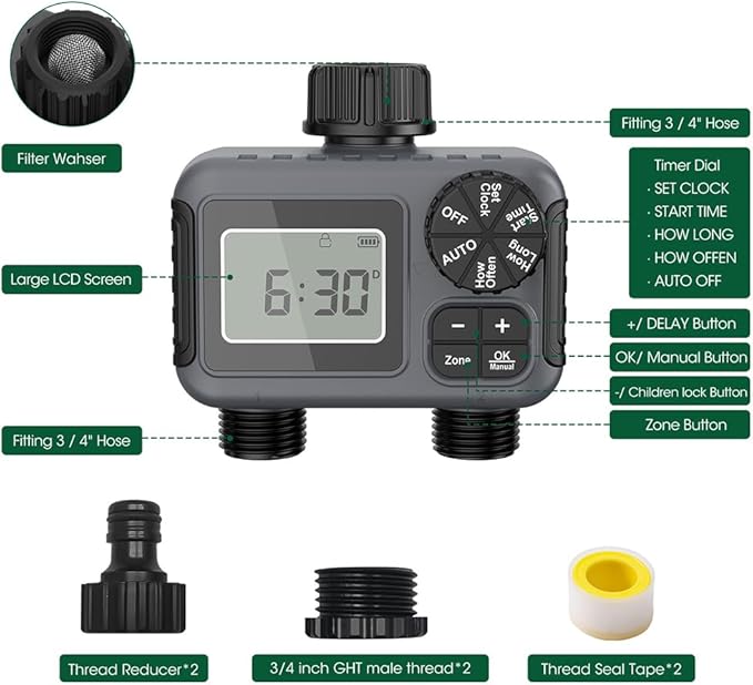 16-Nozzle Oscillating Sprinkler with Dual-Zone Sprinkler Water Timer, Heavy Duty Automatic Lawn Garden Irrigation System, Adjustable Spray Range & Width for Large Area Grass (No Timer)