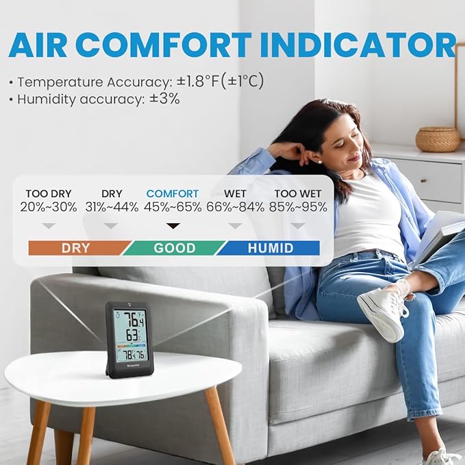 Newentor Indoor Outdoor Thermometer Wireless, Weather Stations Wireless Indoor Outdoor, Outdoor Thermometers for Patio House, Outside Inside Thermometers with Comfort Indicator, Black with 3 Sensors