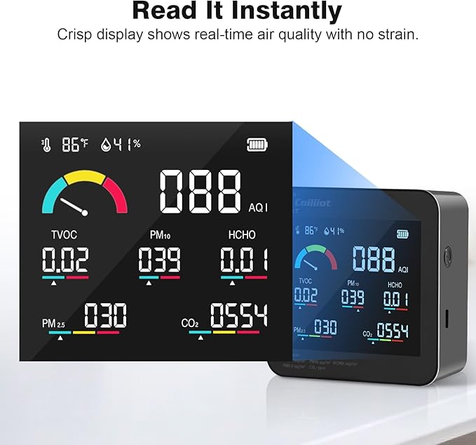 Air Quality Monitor Indoor – CO2 Detector, VOC Meter and AQI Tester Tracks TVOC, HCHO, PM2.5 & PM10 with Temperature & Humidity Sensor for Home Office (Black)