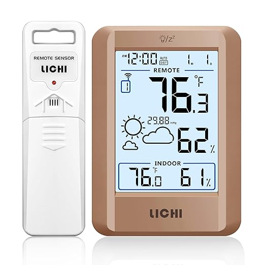 Indoor Outdoor Thermometer Wireless Weather Station External Thermometer Hygrometer Monitor with 330ft Range Remote Sensor, Battery Operated Backlit Display (Khaki)