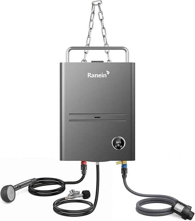 Ranein Portable Propane Tankless Water Heater 34,000 BTU 1.32 GPM with Included High-Performance Pump Thermostatic Control and Chain for Camping RV Outdoor Shower