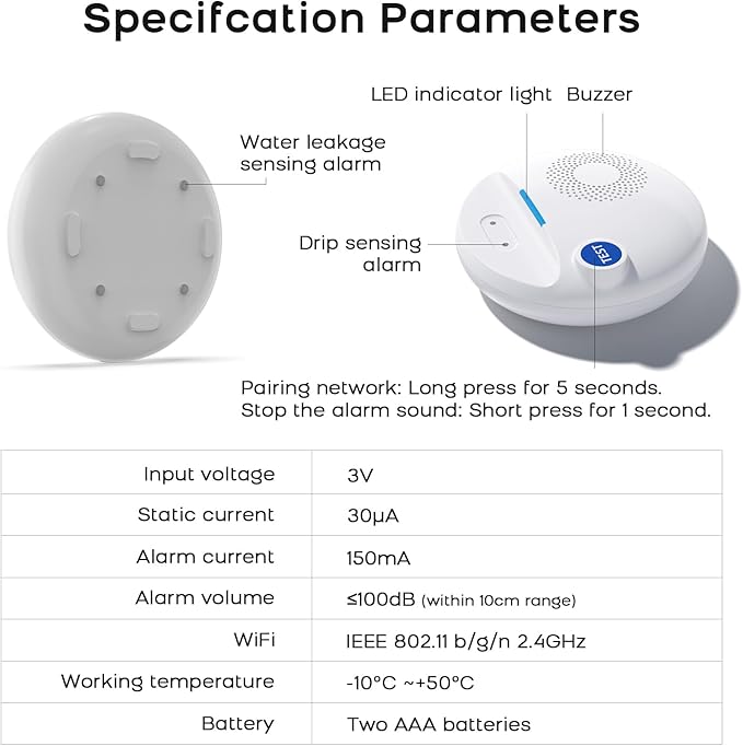PGST WiFi Water Leak Detectors,Wireless Water Leak & Drip with 100dB Adjustable Alarm,for Smart Life Tuya APP Control & Instant Alerts,for Basement, Bathroom,Laundry,Kitchen,Sink,2.4G WiFi Only