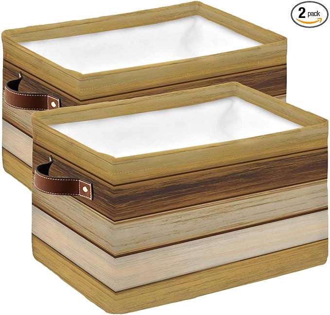 Vintage Yellow Wood Storage Bins Cubes Waterproof Cloth Storage Basket, Farmhouse Retro Wooden Plank Foldable Storage Bags for Shelf Closet Clothes Storage Organizers with Handles 15x11x9.5 in 2PCS