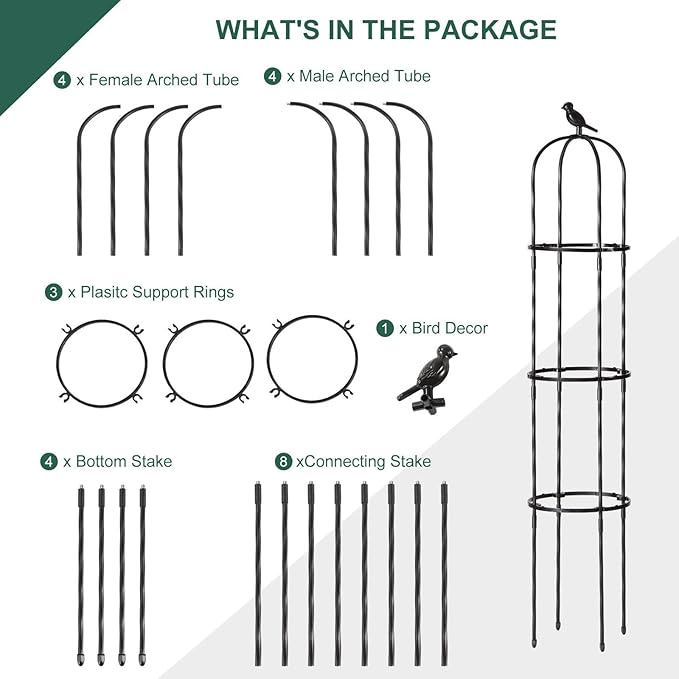 FOLLOOK Garden Trellis for Climbing Plant Outdoor, 67" Tall Round Cucumber Trellis Plant Supports for Vines Flower Climbing Rose Clematis Vegetable Tomato Trellis, 1PC, Black