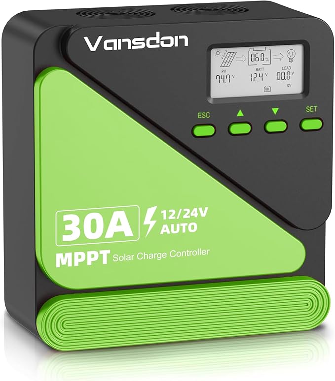 Vansdon 30A Solar Charge Controller 12V/24V MPPT Solar Charge Controller, Adjustable LCD with Timer, Dual USB Ports, for RV, Boat, Cabin, Off-Grid Systems, Compatible with FLD/LiFePO4/SLD/GEL/AGM