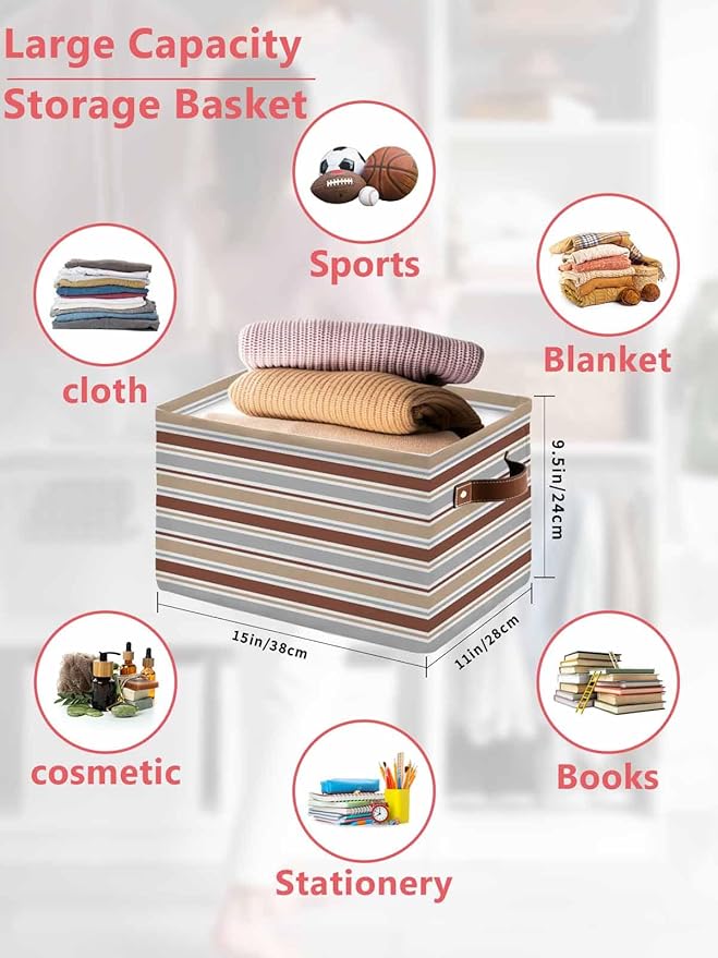 Beige Khaki Striped Storage Bins Cubes Waterproof Cloth Storage Basket,Farmhouse Stripes Modern Abstract Art Foldable Storage Bags for Shelf Clothes Storages Organizers with Handles 15x11x9.5 in 1PCS