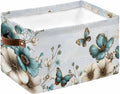 Teal Tulip Butterfly Storage Bins Cubes Waterproof Cloth Storage Basket,Beige Turquoise Floral Blue Coastal Foldable Storage Bags for Shelf Clothes Storages Organizers with Handles 15x11x9.5 in 1PCS