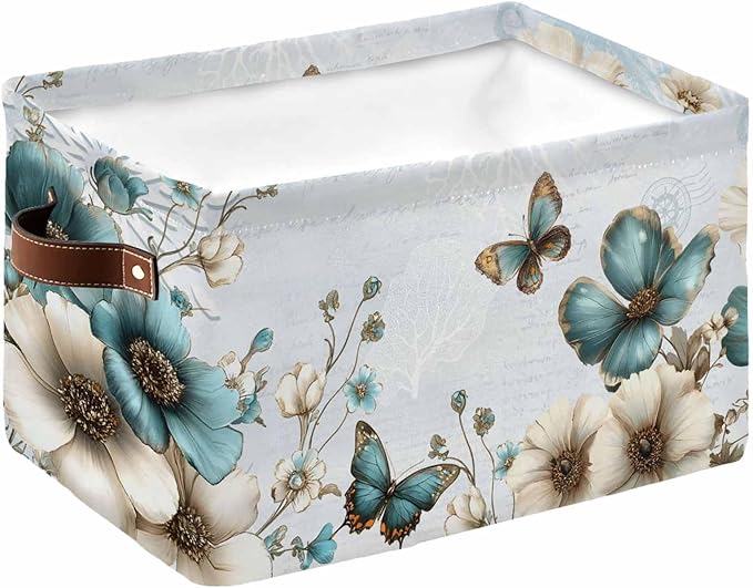 Teal Tulip Butterfly Storage Bins Cubes Waterproof Cloth Storage Basket,Beige Turquoise Floral Blue Coastal Foldable Storage Bags for Shelf Clothes Storages Organizers with Handles 15x11x9.5 in 1PCS