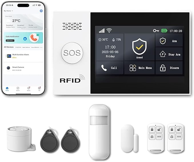 WiFi Wireless Alarm System for Home Security - 24/7 Protection Smart Home Devices 4.3" Touch Screen, GSM/4G+WiFi, App Instant Alerts, No Monthly Fee, Alexa Compatible for Villa, Kids Safety (8 pcs)
