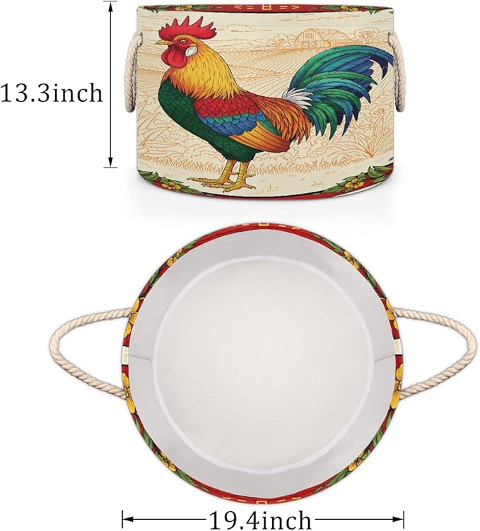 Large Storage Baskets - Rooster Farm Nursery Round Collapsible Organizer Bin Box, Laundry Hamper for Kids Toys, Blanket, Bedroom Living Room Home Decor, Gift Basket, 19.4"x13.3"