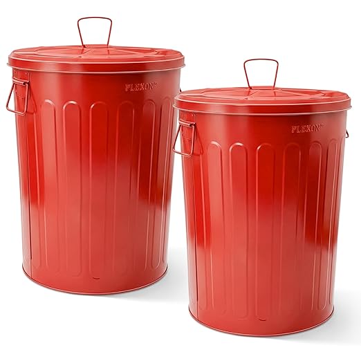 Plexon 20 Gallon Metal Trash Can with Lid Outdoor Large Trash Bin Steel Garbage Can for Garage Patio Farmhouse Bucket Bird Seed Storage Can Heavy Duty Round Container, Red 2 Pack