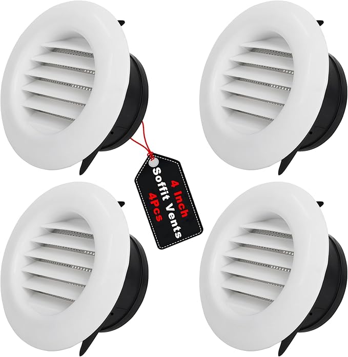 Wadoy Soffit Vents 4 Inch for Exhaust Fan with Screen for Bathroom Exhaust Fan, 4 Packs Round ABS Louver Grille Cover White, Built-in Fly Screen Mesh Eve Dryer Exhaust Vent Cover