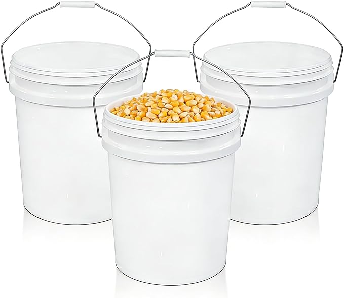 3 Pack 5 Gallon Plastic Buckets with Metal Handle, Food Grade Bucket for Food Storage, Pet Dog/Cat Food Container, Water Bucket, Cleaning Bucket for Home, Garage & Outdoor Use