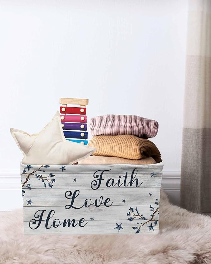 Farmhouse Storage Bins Cubes Waterproof Cloth Storage Basket,Blue Country Texas Star Vintage Berries Wooden Foldable Storage Bags for Shelf Clothes Storages Organizers with Handles 15x11x9.5 in 2PCS